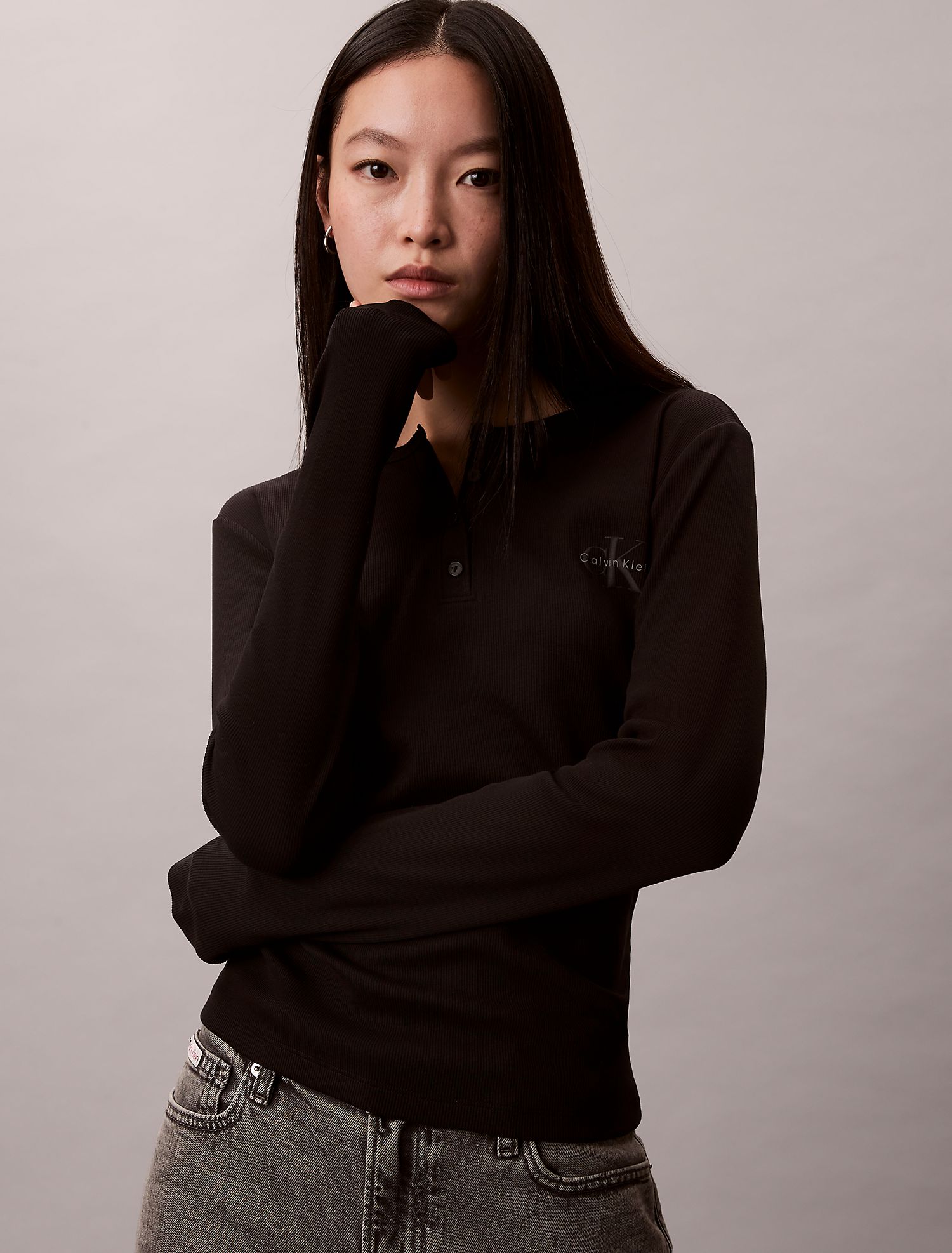 Лонгслив Calvin Klein Monologo Rib Henley Black